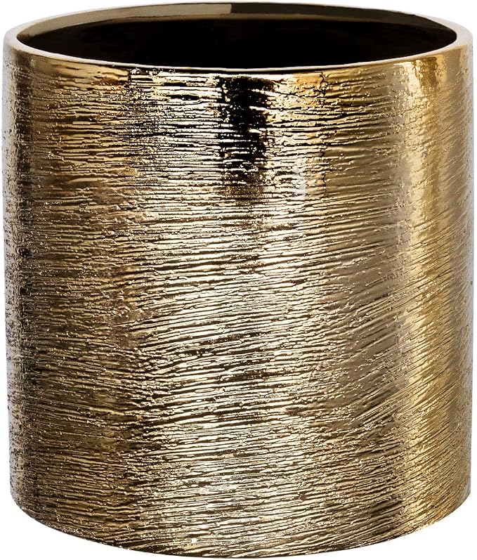 Royal Imports Flower Glass Ceramic Vase Decorative Centerpiece for Home or Wedding - Etched Cylinder Shape, 5"x5", Gold