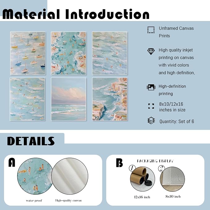 Coastal Beach Canvas Wall Art Set of 6, Abstract Ocean Sailing Boats and Surfboard Posters Wall Decor, Aesthetic Seaside Landscape Artwork Posters Prints for Living Room Bedroom 8x10 Inch Unframed