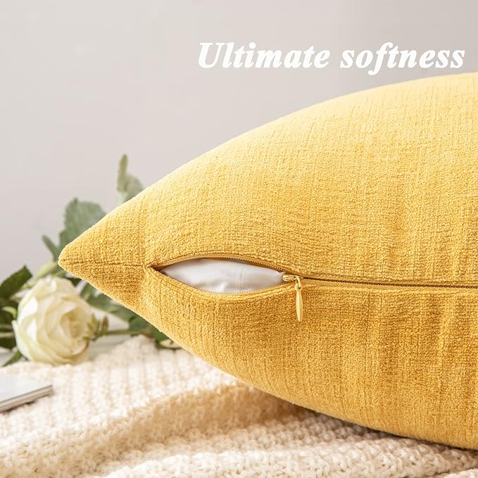GAWAMAY Decorative Square Throw Pillow Covers 18"x18" Inch Set of 2, Super Soft Chenille Pillows Farmhouse Fall Pillowcase for Living Room Bedroom Sofa Couch Cushion Cover Mustard Yellow 45x45cm