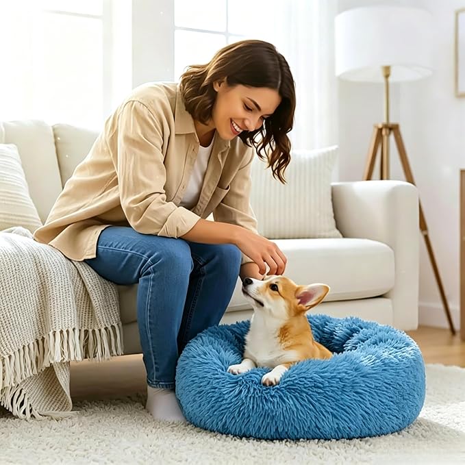 Calming Donut Dog and Cat Bed for Indoor Cats, Anti-Anxiety Round Fluffy Soft Washable Small Pet Bed for Puppy and Kitten, Warming Comfortable Luxury Anti-Slip Waterproof Mute Base 20in Light Blue