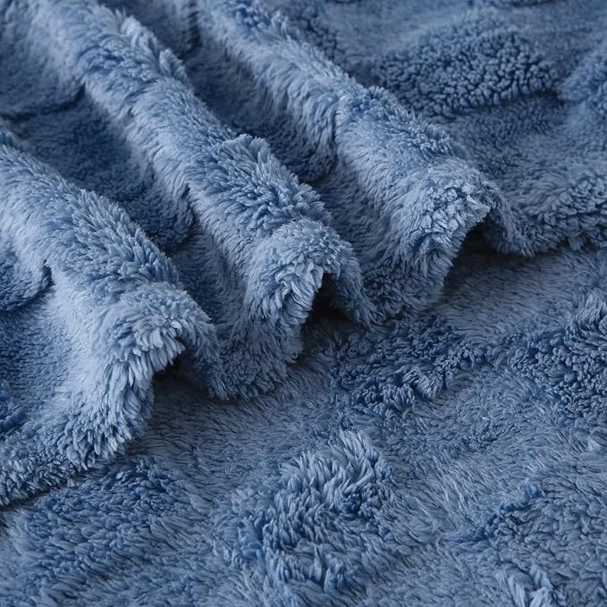 Dusty Blue Fleece Throw Blanket 108”×90”Checkered Design for Couch | Super Soft Cozy Plush Microfiber 3D Square Pattern Flannel Blanket for Sofa Bed Lightweight for Adults,Women