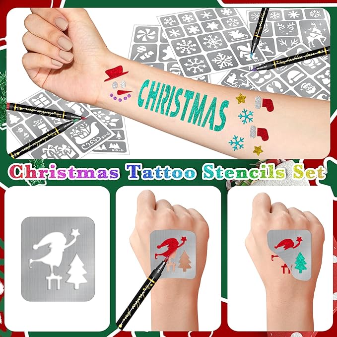 Temporary Tattoo Markers for Skin, 8 Body Markers + 158 Christmas Tattoo Stencils for Kids Adults, Flexible Brush Tip & Bright Colors Body Marker and Fake Tattoos Stencils Set for Party Favor Gift