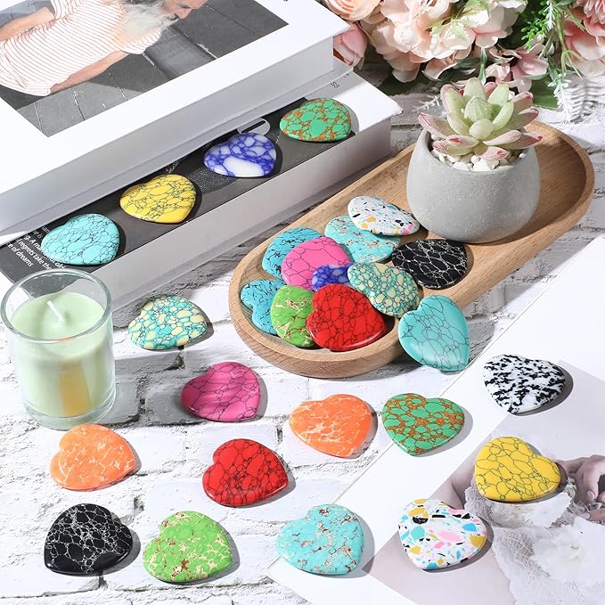 Nuenen 40 Pcs 1.4 Inch Heart Shaped Crystal Valentines Gift Worry Stone Bulk Heart Rock Tiny Trinkets Healing Crystal Gemstone Palm Pocket Love Carved Rock for Mom Women Meditation