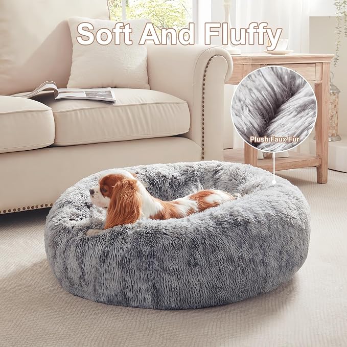 30 inches Faux Fur Fluffy Donut Dog Bed for Medium Dogs,Dark Grey | Calming Plush Round Pet Bed with Removable & Washable Cover,Fits up to 45 lbs Pets