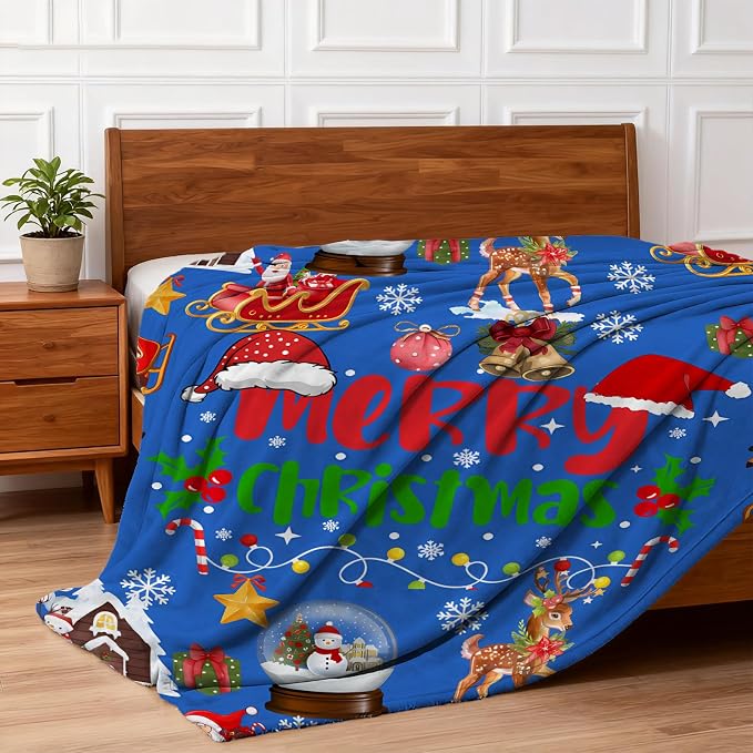 COMFAR Blue Cute Christmas Blankets and Throws for Adults/Women/Boys/Kids, Holiday Fleece Throw Blanket for Couch/Sofa, Holiday Decor, Christmas Decorations/Gifts 40"x 60"