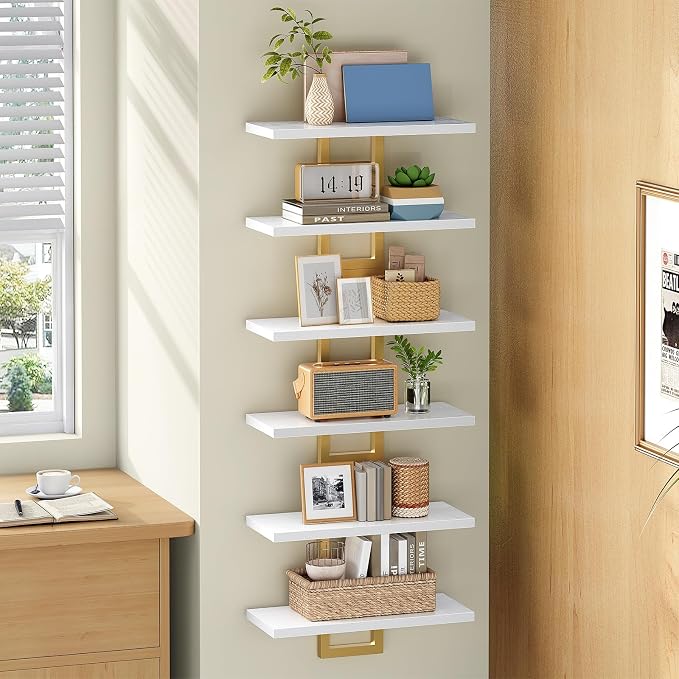 HOOBRO Floating Shelves, 15 Inch Wall Shelf Set of 3, Wall Mounted Storage Shelves 2-Tier, Hanging Bathroom Shelves, for Living Room, Bedroom, Bathroom, Kitchen, White and Gold DW32BJP301