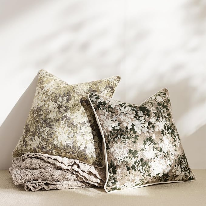 Pack of 2 Vintage Floral Throw Pillow Covers 18x18 Boho Farmhouse Accents Chenille Square Decorative Pillow Cases for Living Room Couch Bed Home Decor, Beige