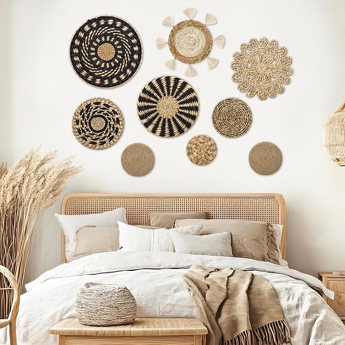 LOMOHOO Set of 9 Boho Wall Basket Decor Wicker Woven Wall Basket Decoration | LOMOHOO Bohemian Handcrafted Round Basket Hanging Decor Bulrush Wall Art Decors for Living Room Rustic Home