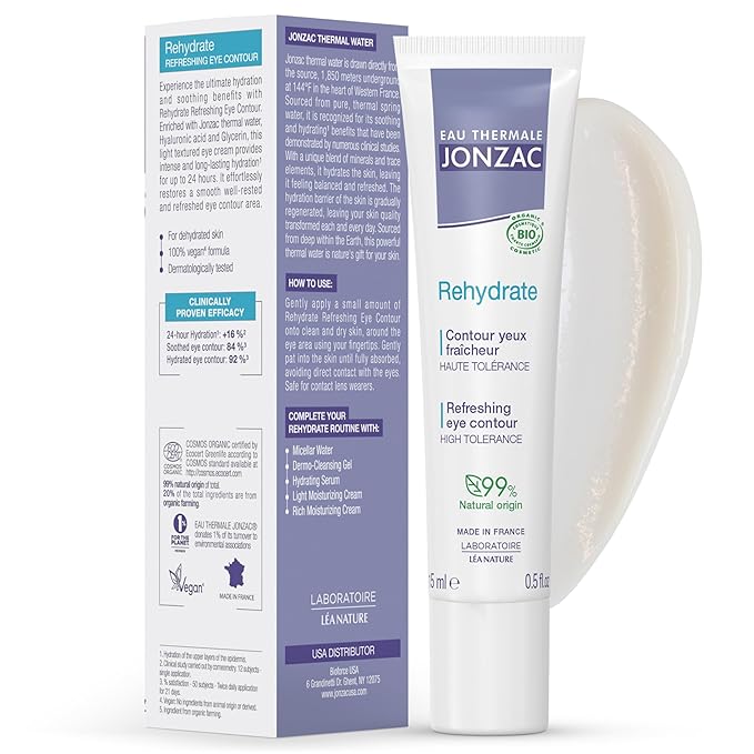 Eau Thermale Jonzac Rehydrate Organic Refreshing Eye Contour Cream - Soothing Hydration with Hyaluronic Acid For Dark Circles -For Sensitive Skin 0.5 Fl Oz