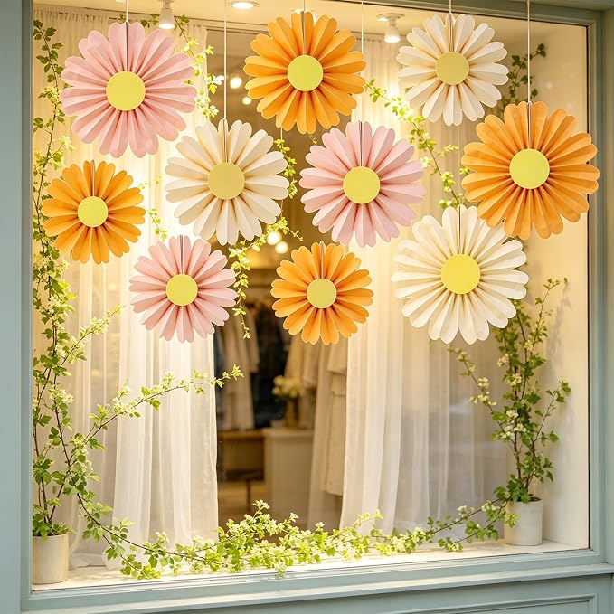 SUNBEAUTY 10 Pcs Daisy Paper Flowers Decorations Pink and Orange Flower Party Decorations Paper Fans Decor Hanging Paper Fans for Birthday Wedding Baby Shower Spring Garden Party Bulletin Board