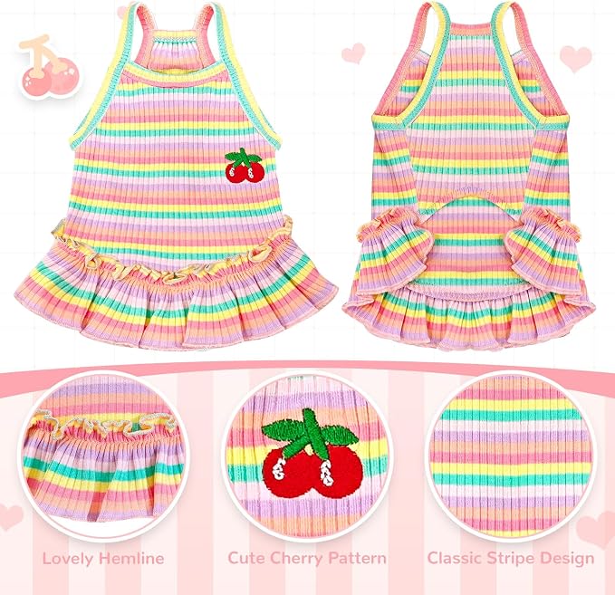 Cute Small Dog Dress Girl Female Dog Clothes Spring Summer Pet Puppy Cats Striped Dress Outfits for Shih Tzu Yorkies Chihuahua Maltese(Cherry Pink,Small)