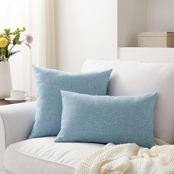Meekio Set of 2 Light Blue Throw Pillow Covers 16x16, Coastal Linen Blend Decorative Pillow Covers for Couch Sofa Bed, Beach House Home Decor