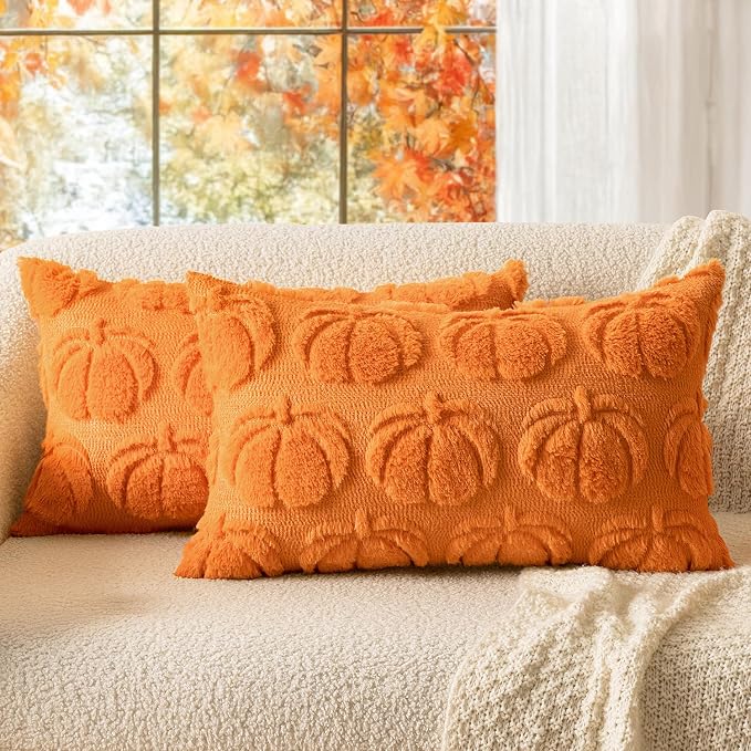 MIULEE Fall Pillow Covers Pumpkin Fall Decor Lumbar 12x20 Orange | Set of 2 Fall Decorations for Home, Plush Faux Fur Farmhouse Accent Pillowcases, Porch Sofa Couch Cushion Bed Livingroom