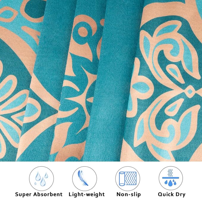 Colorful Star Yoga Towel with Corner Pockets, Non Slip Grip Dots Sweat Absorbent Hot Yoga Mat Towels, Yoga Blankets with Travel Bag, Mat Cover for Workout, Gym, Fitness - 70"x26", Turquoise Mandala