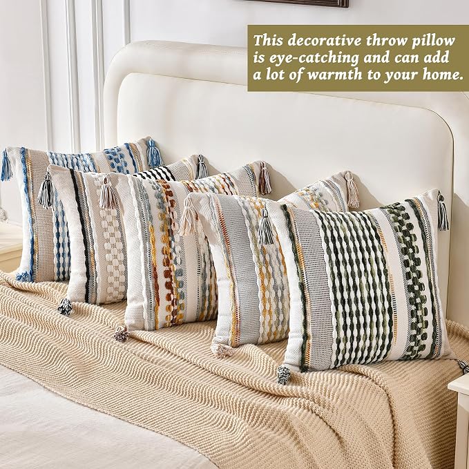 Set of 2 Chenille Striped Textured Boho Throw Pillow Covers Aesthetic with Tassels Woven Decorative Pillow Case for Couch Bed Sofa Bedroom Modern Funky 18 x 18-Inch Sage Green