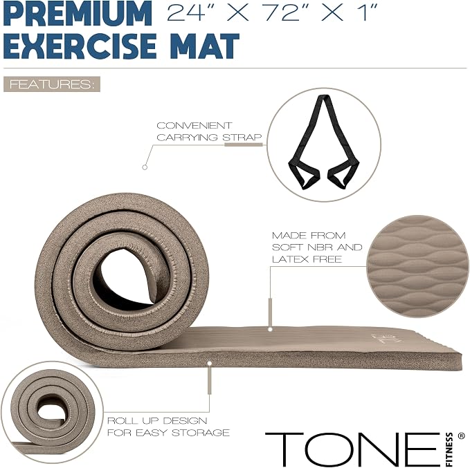 Tone Fitness 1-Inch Thick Yoga Mat | High-Density, Non-slip Exercise Mat with Carrying Strap for Yoga, Pilates, & Home Gym Workouts | Multiple Options