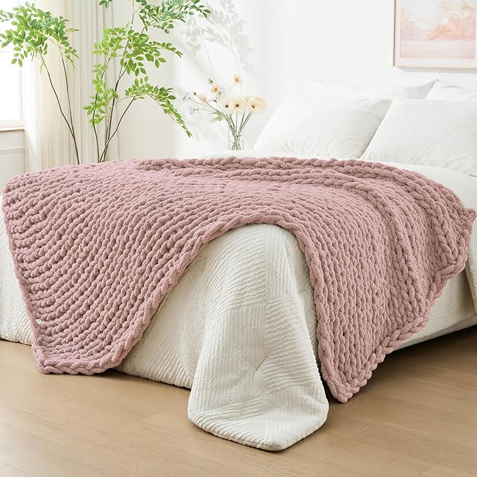 Bigacogo Chunky Knit Throw Blanket for Couch, 40x80 inches, Dusty Pink | Hand Knit with Jumbo Chenille, Soft Breathable Cable Knit for Sofa Bed Living Room, Machine Washable, Gift for Mom Friend