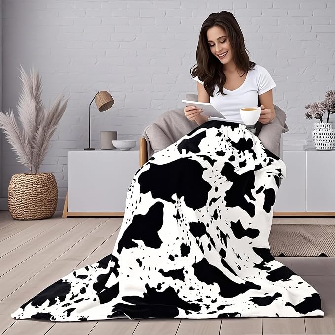 Edenleaf Cow Print Blanket, Ultra Soft Cozy Throw for Couch Bed and Travel, Cow Decor Throw Blankets for All Seasons 60"x80" (Black)