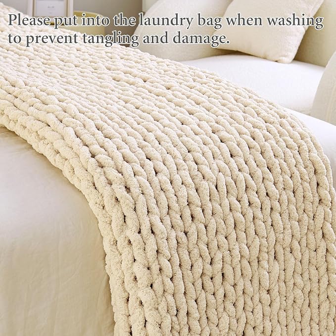 Chunky Knit Blanket Throw for Couch, 60"x80" Chunky Yarn Knitted Blankets | 100% Hand Knit Thick Chenille, Soft Breathable for Bed, Sofa, Home Decor, Cozy Gifts for Women Friends, Ivory