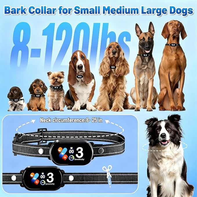 Smart Dog Bark Collar for Small Medium Large Dogs, Rechargeable Ultra-Light Anti Barking Collar with 5 Adjustable Sensitivity,Bark Stop Device,Beep Vibration Modes,IP67 Waterproof