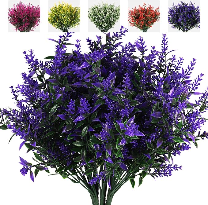 RECUTMS Artificial Greenery Lavender Fake Shrubs Flowers 8 Pcs UV Resistant | Faux Purple Flowers Spring For Outdoor Hanging Planter Flora Fence Indoor Fall Decor Wedding Table Arrangement Bouquet Filler