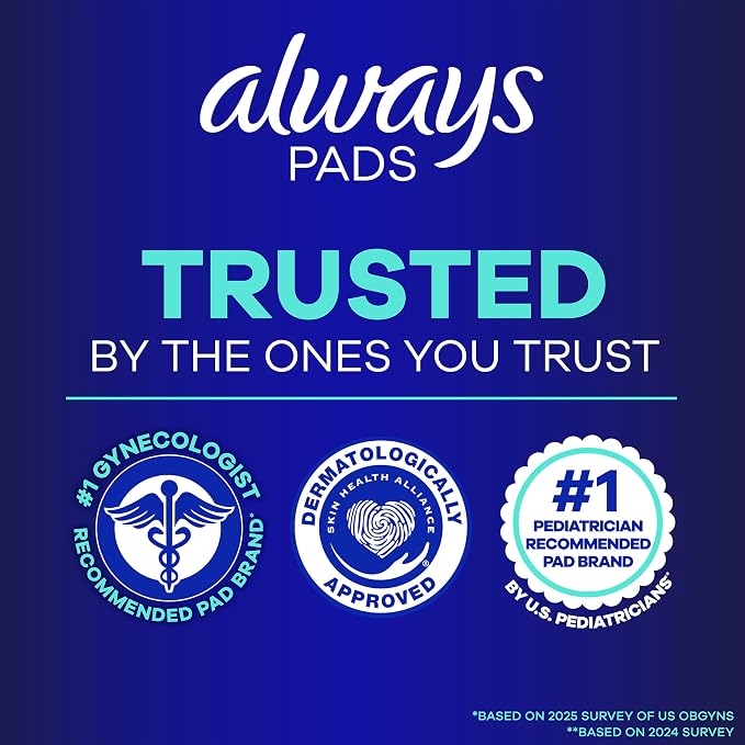 Always Maxi Overnight Feminine Pads with Wings for Women, Size 5, Extra Heavy Overnight Absorbency, Unscented, Up to 100% Leak-Free Protection, 52 Count
