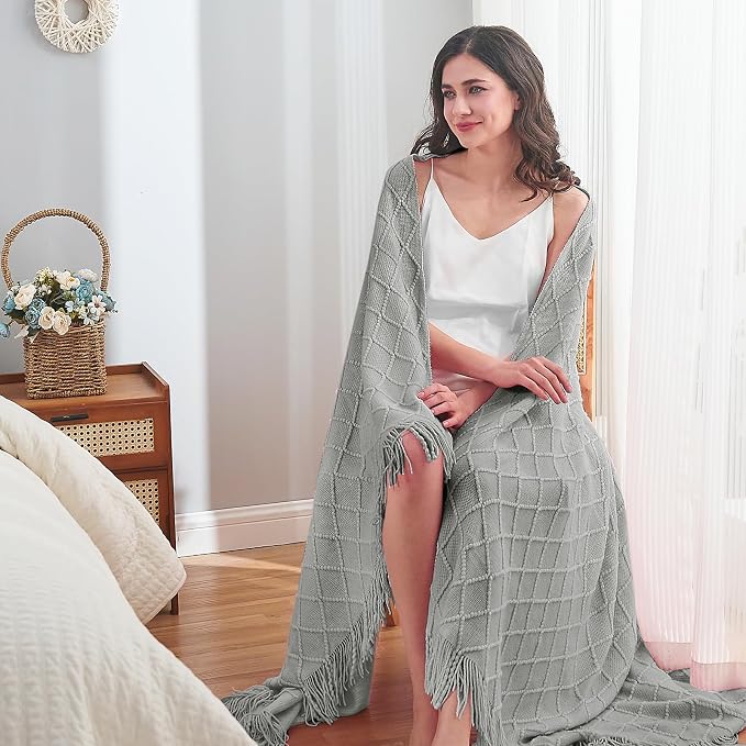 inhand Light Grey Knitted Throw Blanket for Couch and Bed, 60"x80" | Soft Cozy Knit Blanket with Tassel, Lightweight Decorative Blankets and Throws, Farmhouse Warm Woven for Men and Women