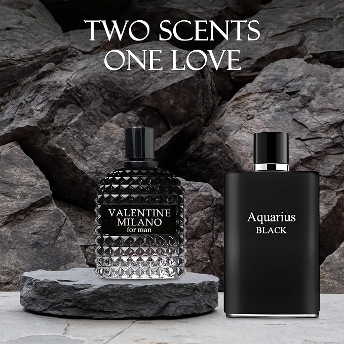 AFLUXE 2PCS Valentine Milano/Aquari Black Eau De Toilette for Men-Fresh,Romantic Scent Perfume for Men 3.4 Fl Oz Each Mens Cologne For All Skin Daily Used
