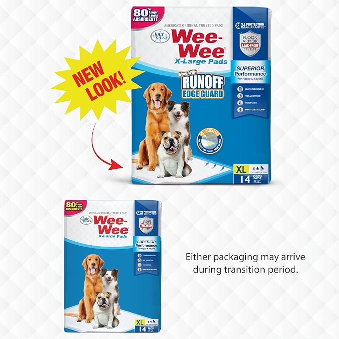 Four Paws Wee-Wee Superior Performance X-Large Dog Pee Pads, 14 Count | Puppy & dog potty training pads, housebreaking supplies, xl puppy pads, pet supplies, 24-hour floor protection, 28" x 34"
