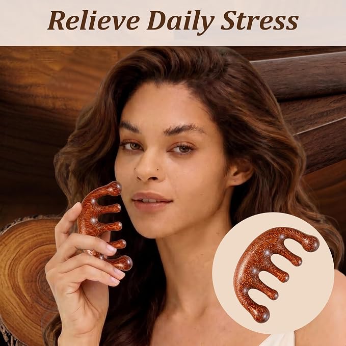 TOMULE 4Pcs Sandalwood Massage Tool Set with Cotton Linen Storage Bag | Cooling Brass Eye Roller, 5-Finger Scalp Massager, Gua Sha Comb, Reduce Puffiness and Relieve Stress