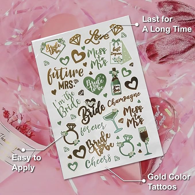 Bride's Babes Bachelorette Temporary Tattoos, Bride Tribe Cheers Gold Metallic Tattoos for Bachelorette Party Bridesmaid Favors Decorations(Bride+Miss to Mrs)