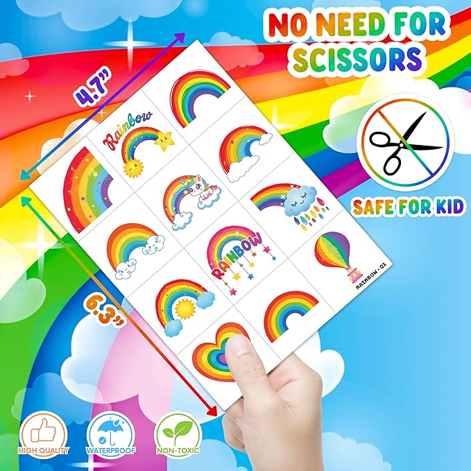 96 PCS Rainbow Pastel Rainbow Pre-Cut Temporary Tattoos for Kids | Super Cute Themed Birthday Party Favors, Supplies, Decorations, Colorful Fake Tattoo Stickers (Multiple)