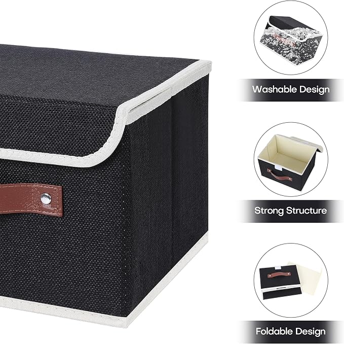 ANMINY Fabric Storage Box Bins with Lids, Black, 15"x10"x10", 2 Pack | Keepsake Memory Storage, Cotton Linen, PP Board Reinforced, Washable, PU Handles, Foldable & Stackable, Decorative, Large