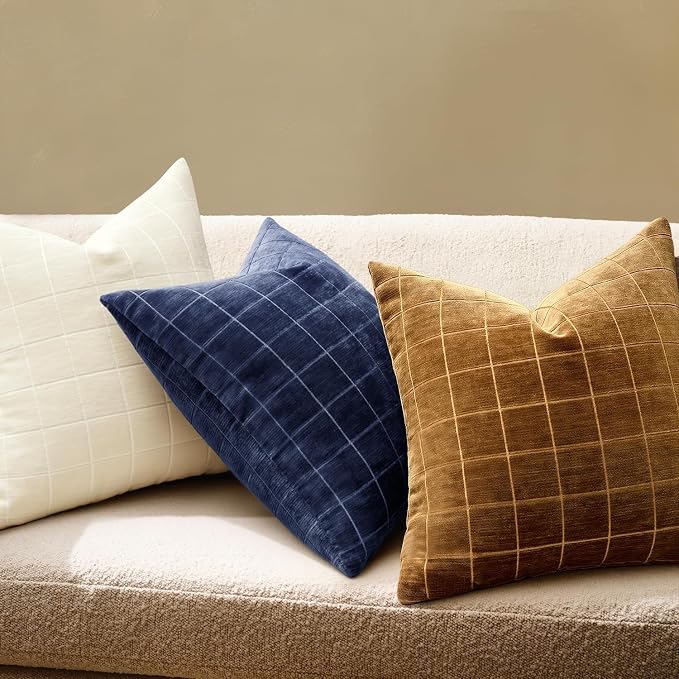 MIULEE Navy Blue Plaid Decorative Euro Throw Pillow Covers 22x22 Set of 2 | Vintage, Check Chenille Couch Pillows, Neutral Boho Farmhouse Cushion Covers, Modern Home Decor for Sofa Bed Living Room