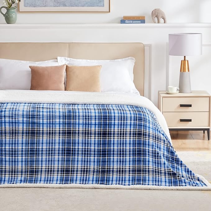 Sherpa Plaid Throw Blanket(60" X 70", Plaid Blue), Fuzzy Fluffy Cozy Soft Blanket, Fleece Flannel Plush Twin Size Microfiber Blanket for Couch Bed Sofa