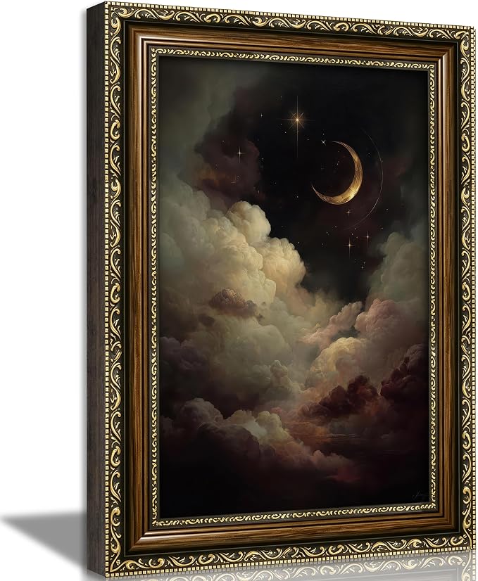 Vintage Gold Framed Crescent Moon Cloud Wall Art, Dark Academia Celestial Starry Sky Oil Painting Print, Antique Ornate Mystical Night Sky Wall Decor, Gothic Cottagecore Home Decor, 16x24in