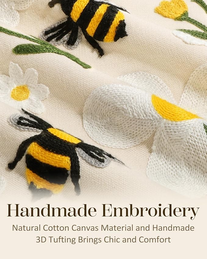 Embroidered Throw Pillow Covers 18x18 Inch, 2Pack, Flower Bee | Decorative Pillow Covers Set of 2, Farmhouse Cushion Cases with Hidden Zipper, Floral Decor for Couch, Sofa, Living Room