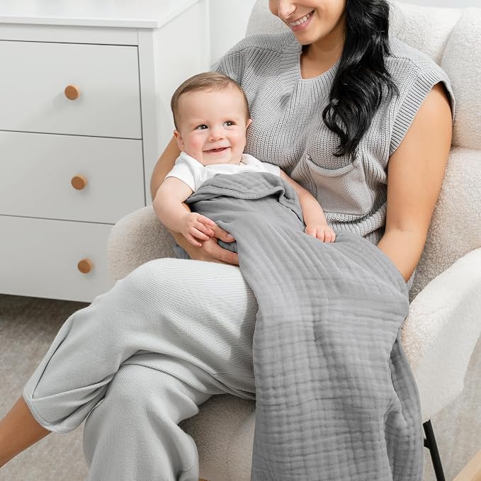 Comfy Cubs Muslin Baby Blanket 40" x 40" L - Swaddle Blankets, Heather Blue | Soft, Lightweight, 6-Layer Cotton Breathable Baby Blankets - Comfortable, Gentle & Versatile Cotton Baby Blankets for Sleep
