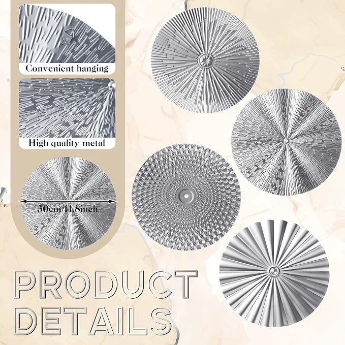 Hicarer 4 Pcs 12 Inch Silver Metal Wall Art Decor Modern Sunburst Hanging Artwork Decor Wall Decorations for Home Bedroom Bathroom Living Room Office Sculpture