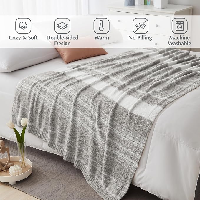 Soft Throw Blanket for Couch-Cozy Reversible Knitted Blankets | Lightweight Warm Fluffy Decor for Women, Mom, Her & Girls, Sofa, Chair, Bed, 50x70in,Grey Stripe