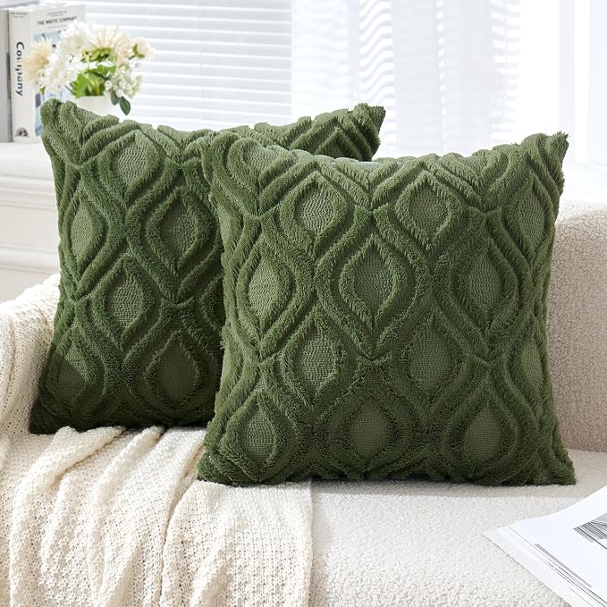 MIULEE Moss Green Soft Plush Faux Wool Throw Pillow Covers 18x18 | Set of 2, Farmhouse Boho Home Decor, Decorative Cushion Covers for Sofa, Living Room, Bed