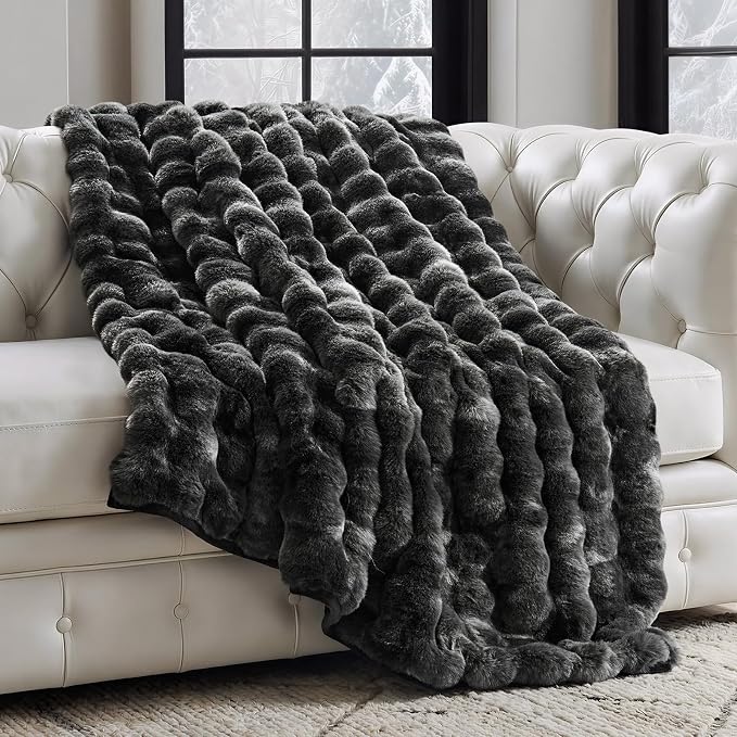 Faux Rabbit Fur Bubble Throw Blanket, 60"x80", Marble Black | Ultra Soft, Luxury Faux Rabbit Fur Throw, Thick Warm Bubble Blanket, Cozy Fluffy Reversible, for Bed, Couch, Chair, Sofa