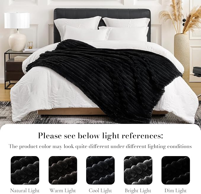 Faux Fur Throw Blanket for Couch, Cozy Fuzzy Fluffy Fur Luxurious Soft Striped Plush Gift Blankets for Family Sofa Chair Bedroom, 55"x70", Black