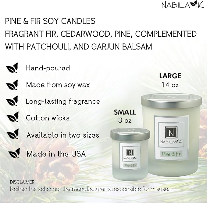 Nabila K – Pine & Fir - Soy-Based Candle – Fragrant Fir, Cedarwood, Pine, Patchouli, Garjun Balsam - Hand-Poured - Cotton Wick - Aromatherapy Candle w/Essential Oils - Made in USA - 3 oz