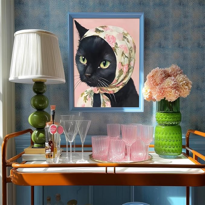 Funny Cat Poster Set of 6, Whimsical Babushka Cats Wall Art Eclectic Lover Cat Pictures Decor, Quirky Animal Pictures Canvas Painting Prints Aesthetic for Bedroom Living Room 12x16 inch Unframed