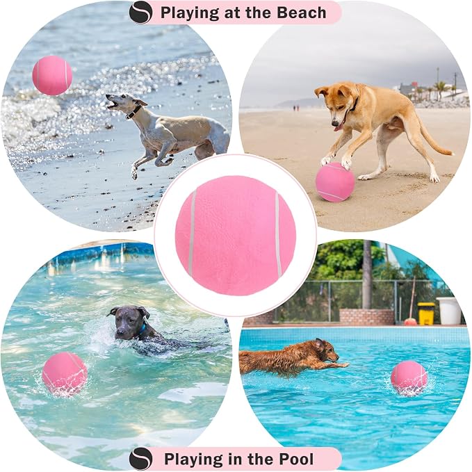 SCENEREAL Giant Tennis Ball for Dogs, 9.5" Inflatable Large Dog Ball for Large Medium Sized Dog, Halloween Dog Toys Birthday Gift, Interactive Puppies Toys for Indoor Outdoor Training Playing, Pink