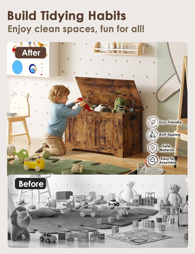 Storage Chest, Wooden Toy Box, Rustic Brown 31.5" L | Entryway Shoe Bench, 2 Soft-close Hinges, Finger-safe Flip-Top Lid, Easy Assembly, Farmhouse Large Trunk, Living Room/Bedroom