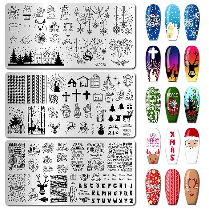 Arbuya Christmas Nail Art Stamping Plates Set of 3 - Winter Sentiment Xmas Greeting Words Snowflakes Stainless Steel Manicure Art Tools for DIY Print Manicure Salon Design Gift Supplies