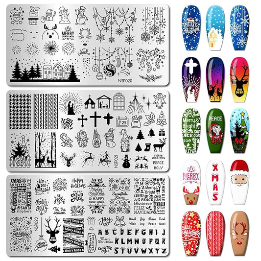 Arbuya Christmas Nail Art Stamping Plates Set of 3 - Winter Sentiment Xmas Greeting Words Snowflakes Stainless Steel Manicure Art Tools for DIY Print Manicure Salon Design Gift Supplies