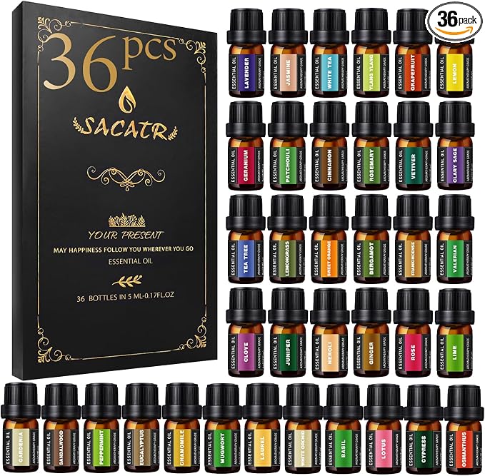 SACATR 36 Pcs Natural Essential Oil Sets,Essential Oils for Diffuser, Humidifiers, Skin Care, Massage, Fragrance Oil Scent for DIY Candle and Soap Making, Gift for Friends (36 * 5ML)